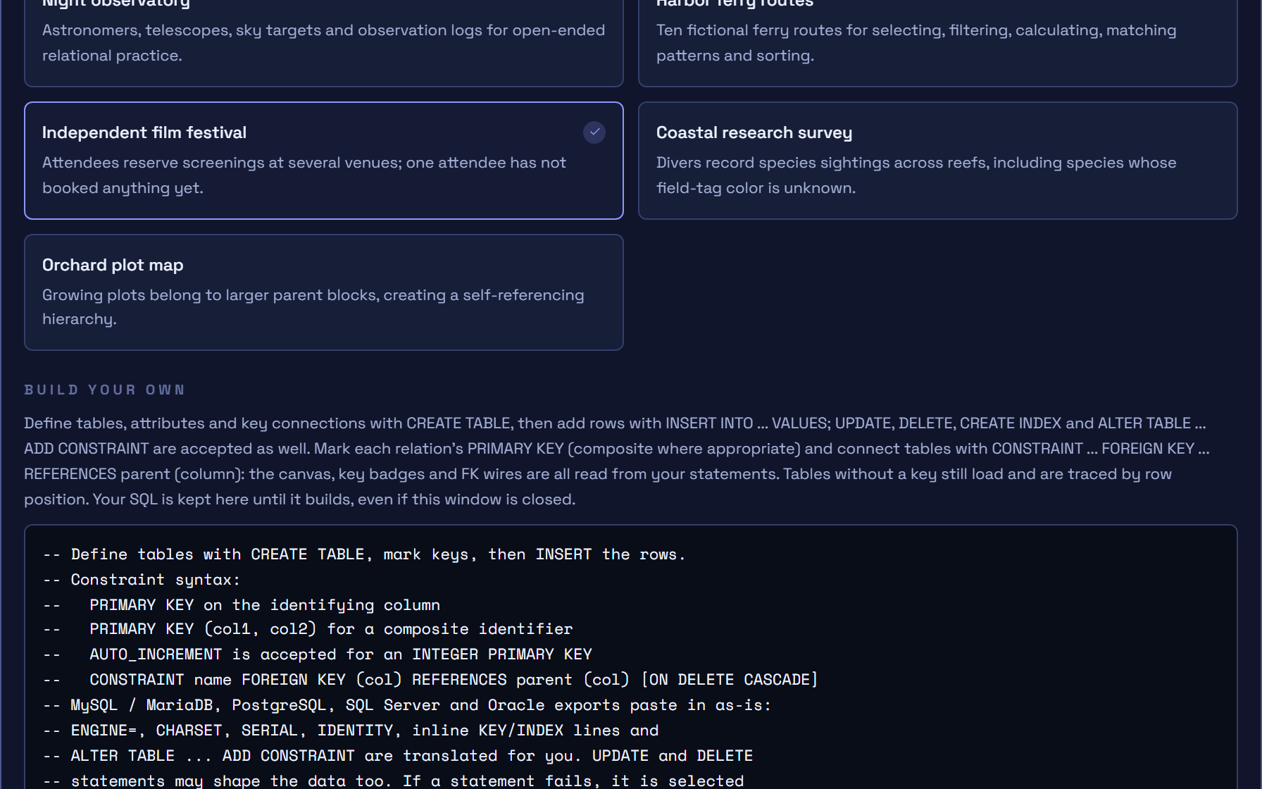 The schema dialog: five preloaded databases and a text area for your own CREATE TABLE statements.